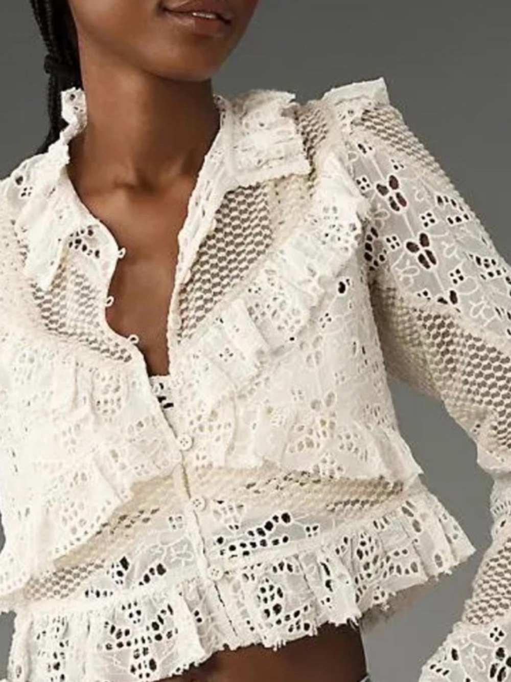 Anthropologie Women's Cream Embroidered Lace Cropped Ruffle Button-Front Top| XS